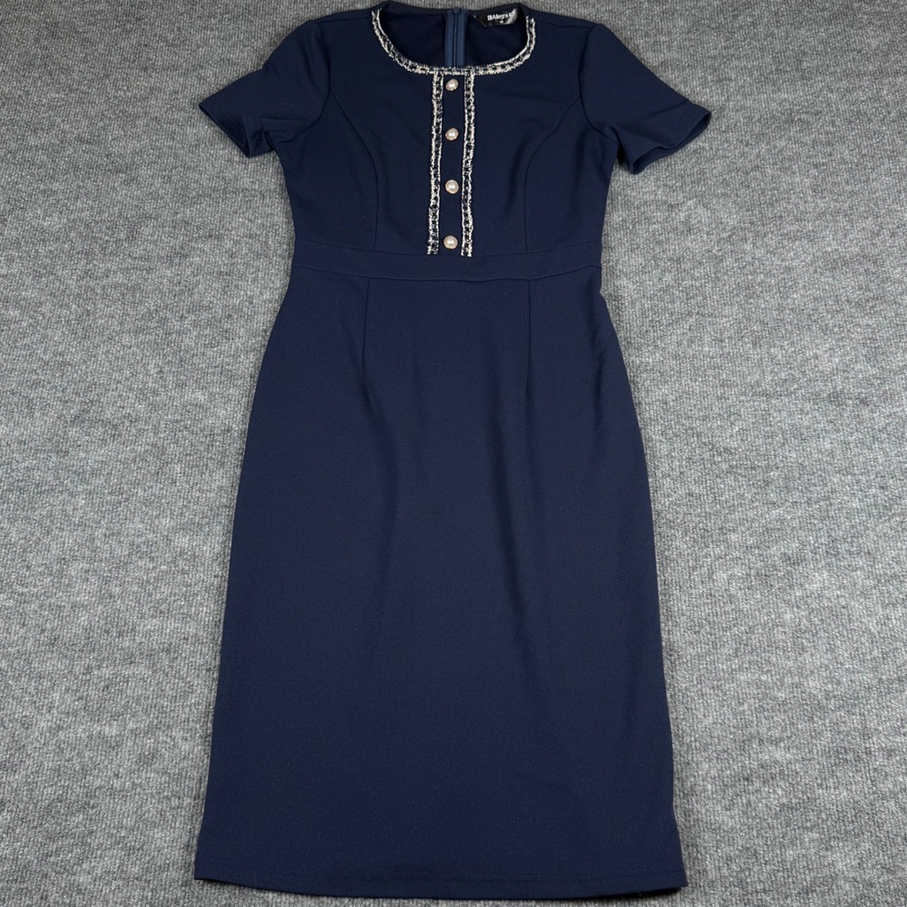 Allegra K XS Navy Blue Dress Tweed Trim Sheath Pencil Business Casual Office